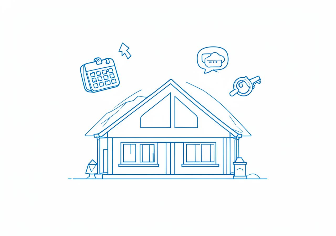 Illustration einer Ferienwohnung mit digitalen Symbolen für Kalender, Preis, Nachricht und Schlüssel